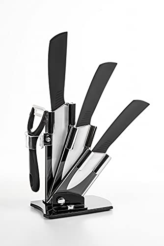 Hometric Ceramic Knife Sets with Block, 4 Piece Kitchen Knives Set with Ergonomic Handle, Rust Resistant and Light Weight Knife Block Set with Knives and Vegetable Peeler (Black)