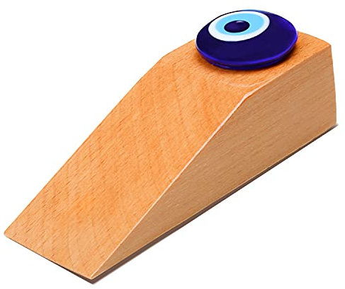 Lirazon Wooden Door Stop with Hand Crafted Glass Evil Eye Bead On Top, Decorative Non Slip Wedge for Heavy Duty, Sturdy, Durable, Large Wood Stopper for All Surfaces, Easy to Use Under The Door