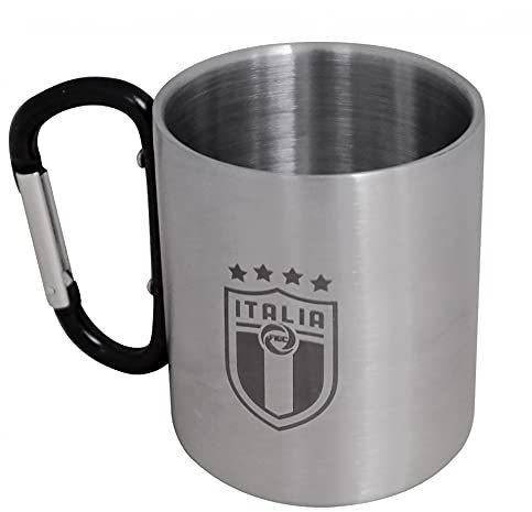 FGCI Mug Acciaio Italia Logo con Manico Moschettone. H8cm Base 7cm. per Campeggio, Gite, Scuola. con cucchiaino plastica Bianco Azzurro Riutilizzabile