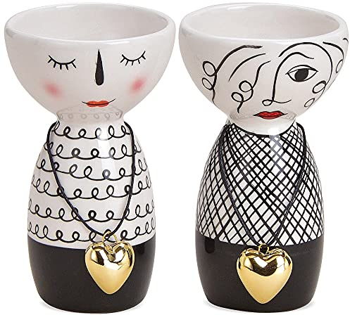 matches21 Vase Blumenvase Dekovase Figur Gesicht schlafend weiß schwarz & Herzanhänger Gold Keramik 1 STK 2er sort Ø 6x11 cm