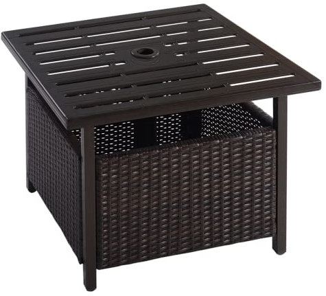 MAT EXPERT Mesa para sombrilla con agujero, mesa auxiliar para exteriores con agujero para sombrilla de 1.57 pulgadas, marco de acero, mesa auxiliar de mimbre para patio, césped, jardín, piscina,