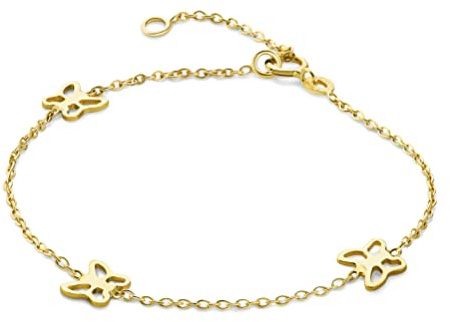 MIORE Kids Bracciale per bambini con 3 farfalle in oro giallo 375, lunghezza 14 cm (12 cm + 2 cm di estensione)