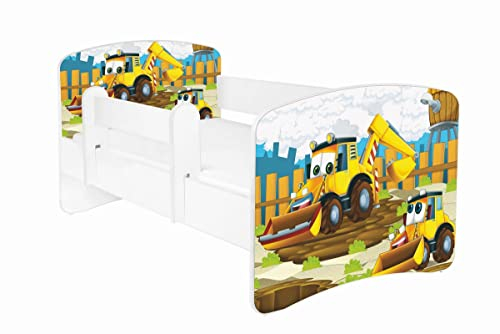 AS-TOR Kinderbett Jugendbett Hugo 70x140cm mit Matratze und Abnehmbarem Geländer - Bett Schlafzimmer Kindermöbel Kinderbetten für Mädchen und Junge, Massivholz, Solide und Sicher - Bagger