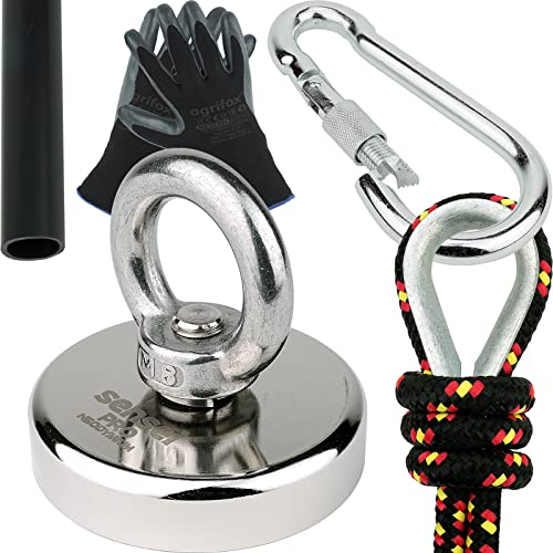 SENSEI Set 110 kg, N52 Neodym-Magnet mit Öse, Ø5 x H1,5 cm, Segelseil 25 m, Schutzhandschuhe + Zubehör, Set mit Ösenmagnet zum Magnetfischen im Wasser