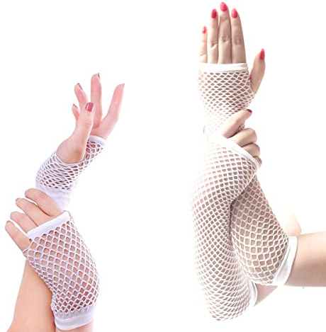 2 Paar Retro-Fischnetz-Handschuhe, lange und kurze Netz-Handschuhe, fingerlose Handschuhe, weiß, One size