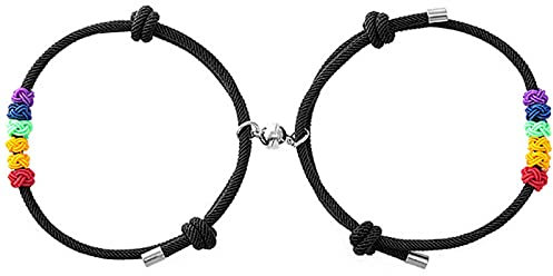 Flongo Partner Armbänder LGBT Armband Regenbogen Streifen Gay Pride Schwul Homosexual Homosexuell mit Pärchen Magnet Anhänger Herren,Damen Accessoires Seil Schwarz