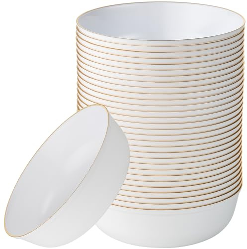 [30 Pack 16 OZ Bowls] Edge Collection White with Gold Rim Plastic Party Soup Bowls Premium heavyweight Elegant Disposable Tableware Dishes