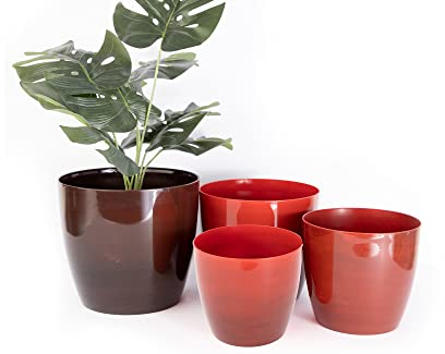 Home Garden Ornaments Set di 4 vasi per piante da interno, diametro 12/14/16/18 cm, in plastica, in marmo rosso, resistente, con superficie lucida (marmo rosso)