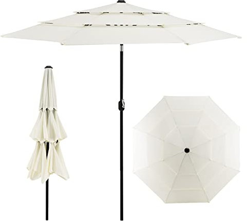 COSTWAY Parasol de Terrasse 3M à 3 Niveaux, Parapluie d'extérieur Double Ventilé Inclinaison à Bouton-poussoir, 8 Baleines Manivelle Manuelle pour Plage Terrasse Jardin Base Non Inclus (Beige)