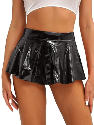 Lack Leder Rock Damen A Linien Minirock Stretch Kurz Glanz Minirock Faltenrock Gogo Tanz Rave Outfits Schwarz L