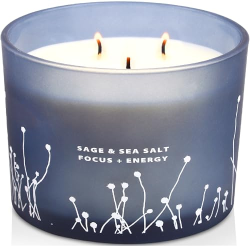 White Sage Sea Salt 3 Wick Jar Candle, Large Scented Candle for Home 14.5oz