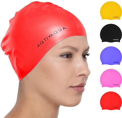 AqtivAqua Gorro Piscina Mujer y Hombre, Gorro Natacion de Silicona 100% Impermeable, Adecuado para Niños y Adolescentes, Gorro de Baño Elástico para Mantener el Cabello Seco (Rojo)