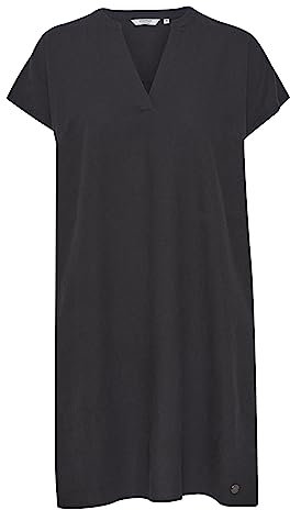 OXMO OXANETTE Damen Freizeitkleid Kleid T-Shirtkleid aus Leinen und Viskose V-Ausschnitt Gerade geschnitten Regular Fit, Größe:38, Farbe:Black (200451)