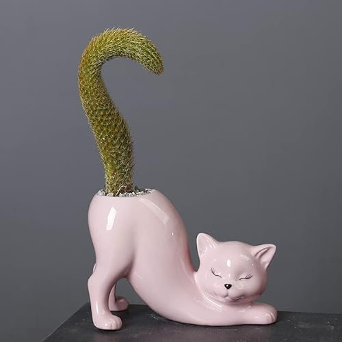 Ceramic Tailless Cat Succulent Pots, Cute Funny Kitty Planter, Creative Plant Pots for All House Plants, Succulents, Flowers, Cactus, for Indoors Outdoor Office Home Garden Kitchen Decor (Pink)