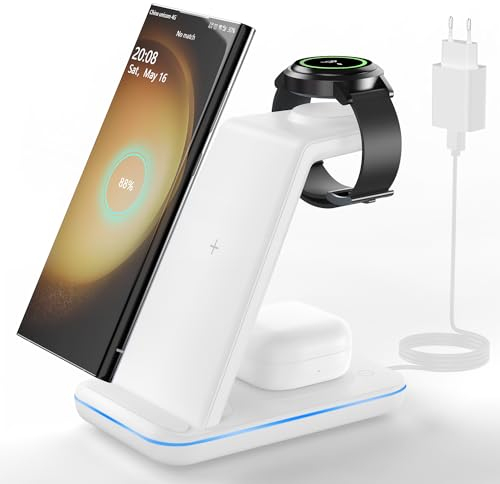 JoyGeek 3 in 1 Induktive Ladestation für Samsung, Wireless Charger für Samsung S25/S24/S23/S22/S21/ZFlip/Fold, Induktionsladegerät für Galaxy Watch Ultra/7-4, Kabelloses Ladegerät für Galaxy Buds-Weiß