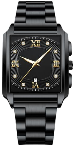 RORIOS Montres Carrées pour Homme Montre de Poignet Quartz Étanche Montre Élégant Diamant Montre Simple Lumineuse Montre Vintage Bracelet Acier Inoxydable Noir B