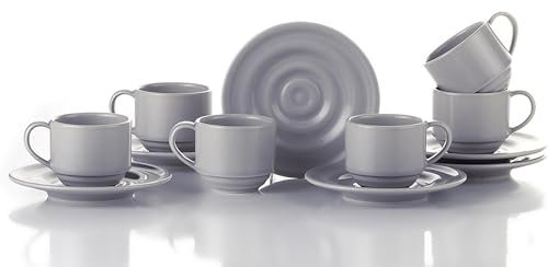 KUTAHYA PORSELEN 12-teiliges Kaffeetassen Set aus Porzellan | Kaffee Geschirrset für 6 Personen | Rundes und Modern Design Tassen & Untersetzer | Spülmaschinenfest (Beige, 12 Teile Set)