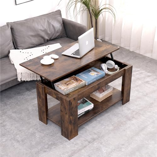 Couchtisch Höhenverstellbar Kaffeetisch mit Hebeplatte und Versteckter Stauraum Holz Wohnzimmertisch Sofatisch für Wohnzimmer, Braun