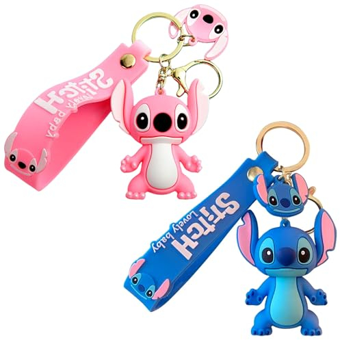 2 PCS Stitc Porte Clef,Anime Cartoon Porte Cle,Mignon Porte-Clés en Silicone,Cadeau Commémoratif pour Filles et Garçons, Décoration de Porte-clés Portable pour Enfants(bleu,rose