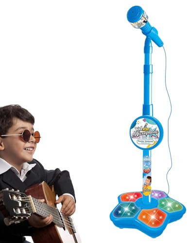 Kids Microphone Karaoke Playset - Microphone with Stand, Built-in Jack Speaker and Light Microphone for MP3 Player, Portable Children Karaoke Speaker Toys for Birthday (Blue)