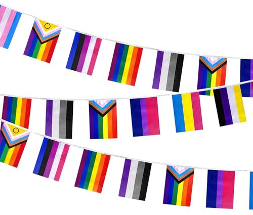 iwiio 33ft Pride Bunting Flags, Progress Gay Pride Flag Banner, Rectangle Colorful String Banner for Pride Accessories, Gay LGBT Party, Celebration, Home, School, Bars, Restaurants, Garden Decoration