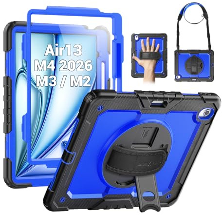 SEYMAC for iPad Air 13 Inch Case M3 2025/ M2 2024, Heavy Duty Shockproof Protective Case with Screen Protector, 360° Rotating Stand, Hand/Shoulder Strap and Pen Holder for iPad Air 13, Blue