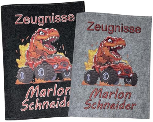 Zeugnismappe mit Namen - Mädchen und Jungen - Personalisiert Filz A4 Dino Orange - Dokumenten Urkunden Mappe Kinder - Hefter Zeugnisse - Sichtbuch Grundschule