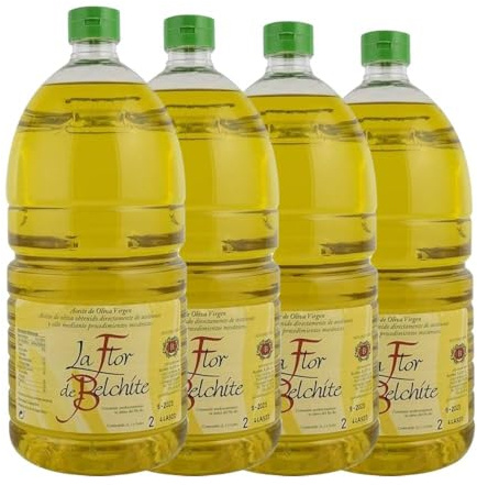 Huile d'olive vierge espagnole La Flor de Belchite 2 litres, pack de 4 bouteilles. Total 8 litres
