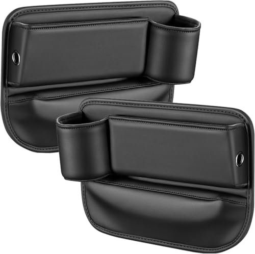 Unifizz Car Leather Cup Holder Gap Bag,Adjustable Car Seat Storage Box,Seat Gap Storage Box,Leather Cup Holder Gap Bag with Cup Holder for Phones Glasses Money,Cards,Keys,Remote(Black/1 Pair)
