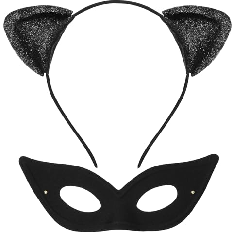 Amabro Katzenohren haarreif mit Katzenmaske, Halloween Glitzer katzenohren Haarband Schwarz Halbe Katzenaugenmaske für Maskerade Cosplay Party Katze Frauen Mädchen Katzenkostüm Verkleidung