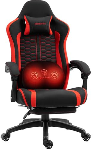 Dowinx Gaming Chair with Heated Massage Lumbar Support, Ergonomic Gaming Computer Chair with Pocket Spring Cushion and Footrest, Recliner High Back PC Chair for Adult, 150kg,Red