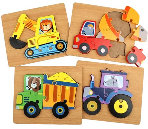 Holzpuzzle Kinder,4er-Set Holzpuzzle Ab 3 Jahre,Puzzle Lernspielzeug,Steckpuzzle Montessori Spielzeug,Fahrzeug-Holzpuzzle Geschenke für 3 jährige,Lernspielzeug Pädagogisches Geschenk für Kinder