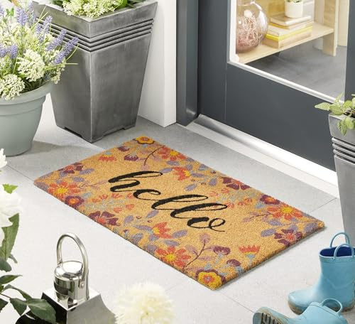 Lord of Rugs Printed Coir Door Mat for Home Entrance Indoor and Outdoor, Patio, Balcony Non-Slip Durable Natural Coconut Fiber Doormat in 45x75 cm Floral Hello