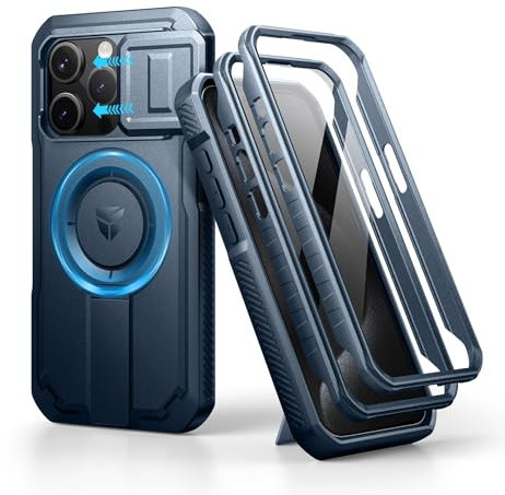 Dexnor Kompatibel mit iPhone 15 Pro Hülle mit Kameraabdeckung Schieben & Einstellbarer Kickstand & Integrierter Displayschutz, Robuste stoßfeste Bumper Heavy Duty Mangetic Schutzhülle - Marineblau