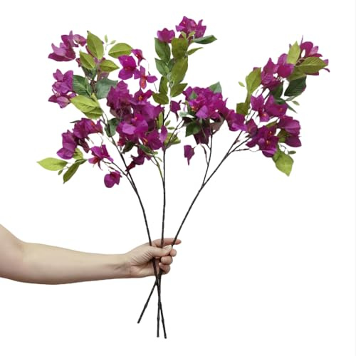Urier 3 Pieces Silk Flowers with Stems,30 Rose red Bougainvillea Artificial Flowers,Long Stem Artificial Flowers for Home Wedding Centerpiece Table Decorations (Rose red)