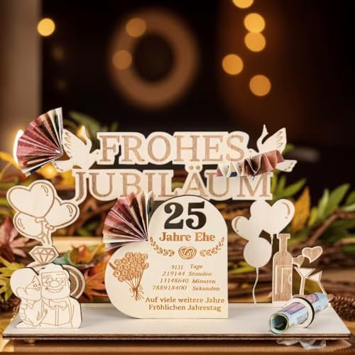 MINISONA Silberne Hochzeittag Geschenke,Geschenke zum 25 Jahrestag Tischdeko,Eltern 25 hochzeitstag geschenk holz,Silberhochzeit Geschenkideen