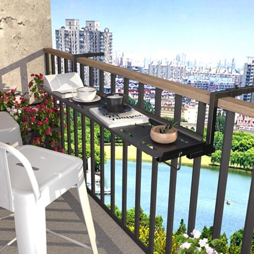 Klappbarer Balkontisch für den Außenbereich, höhenverstellbar, schwarz, 60 cm, ideal für Garten, Terrasse, Deck, platzsparender Balkongeländertisch