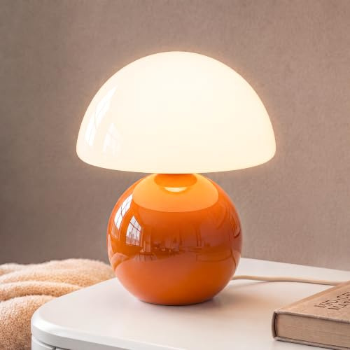 Dawnwake Table Lamp Mushroom Lamp for Bedroom-Small Desk Table Lamps,Orange | 8.7 Modern Mid Century Ceramic Lamps for Living Room Bedroom Decor,Small Cute Unique Aesthetic Home Room Decor,Glass Shade