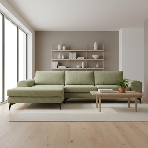 Abakus Direct | Venice Corner Sofa – Modern L-Shaped Sofa with Basket Weave Fabric, Scatter Back Cushions, Left or Right Hand Facing – Available in 9 Colours (Olive Green, Left Hand Facing)