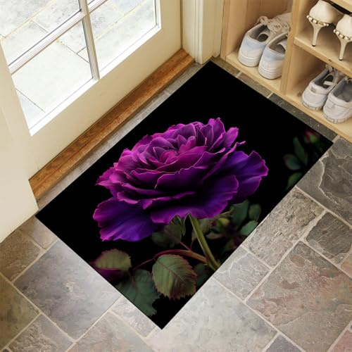 Lila Rose Schmutzfangmatte Innen 60 X 90 cm, Raffiniert Elegant Fußmatte Innen, rutschfeste Fußmatte Waschbar, Eingangsteppich, Sauberlaufmatte Saugstarke,Türmatte Für Eingang (Schwarz)