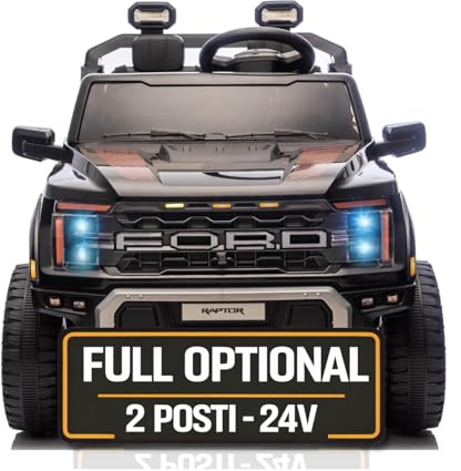 Ford F150 Raptor 24V Maxi Fuoristrada 2 Posti Auto Macchina Elettrica per Bambini Telecomando Luci a Led Bluetooth Ammortizzatori Carico Massimo 60 Kg Nero