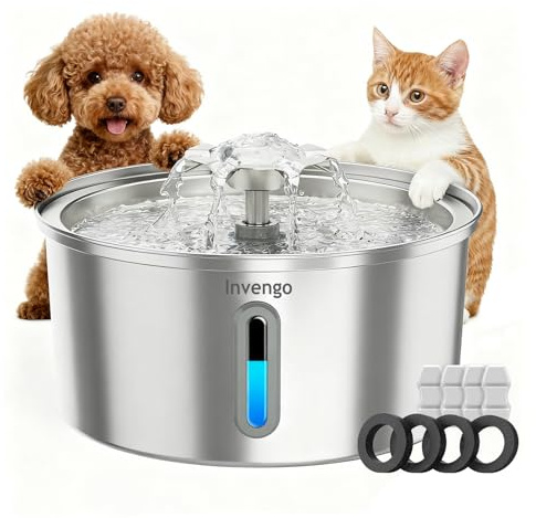 Invengo Fuente para Gatos Acero Inoxidable, 3.2L con Boquilla de Flor, Filtración de 5 Etapas, Ventana de Nivel y Fácil Limpieza - Ideal para Gatos y Perros Pequeños, Incluye 4 Filtros de Repuesto