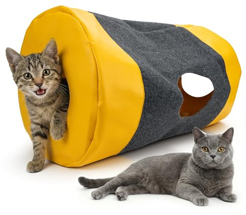 Katzenteppich Spielmatte mit Tunnel & Spielsack – Interaktives Spielzeug | Fördert Jagdinstinkt & Intelligenz. Für Wohnungskatzen: Verstecken, Schleichen. Robust, Faltbar & Stundenlanger Spielspaß