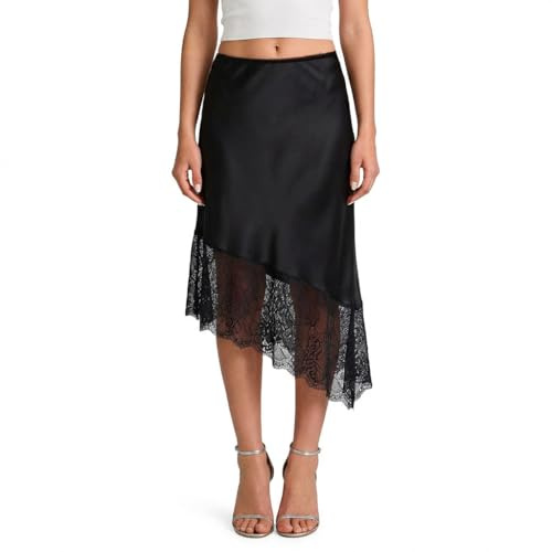 Crsiphee Women Summer Skirt Satin Slip Midi Skirts with Lace Trim A-Line Asymmetrical Skirts Flowy Silky Long Skirt for Going Out Black M