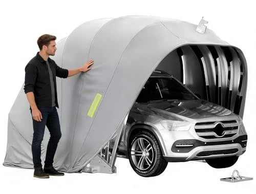Allwetterfester Carport, Stainless Steel Mobile Faltgarage, Halbautomatischer Anti-Exposition-Carport, Kälte Und Regenfester, Abschließbar, Für Auto, SUV, Auto Garage Zelt, Grau