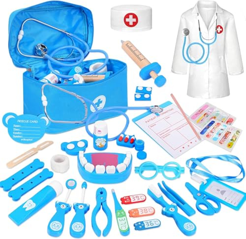 Arztkoffer Kinder Holz Spielset,46-teiliges Doktorkoffer Kinder mit Echtem Stethoskop,Thermometer,Spritze,Arzttasche und Arztkittel,Rollenspiel Spielzeug Geschenk für Kinder ab 3, 4, 5 Jahre - Blau