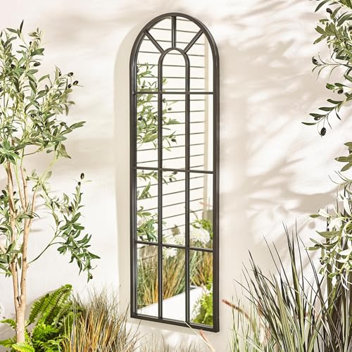 Furniturebox UK Outdoor Accessories, Harris Black Large Full Length Long Arched Window Garden Arch Wall Mirror 90x60cm, Painted Iron Frame, PVC Backing & Keyhole Hanging, Modern Arch Japandi Style