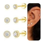 KINHOPI 3 Pairs Flat Back Earrings, Silver/14K Gold Plated | Tragus Cartilage Helix Piercing Jewellery, Hypoallergenic Flatback Studs, Screw Back Stud Earrings, 20G 6mm Post, Daily Wear