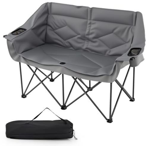 SPOTRAVEL Double Camping Chair, Folding Oversized Padded Loveseat with Carry Bag and Storage Pockets, 2 Seat Outdoor Portable Beach Chair for Fishing, Traveling & Hiking (Grey, 146 x 56 x 94 cm)