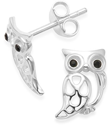 Eulen-Ohrstecker mit schwarzen Zirkonia-Augen, Sterlingsilber, Größe: 10 mm, in Geschenkbox